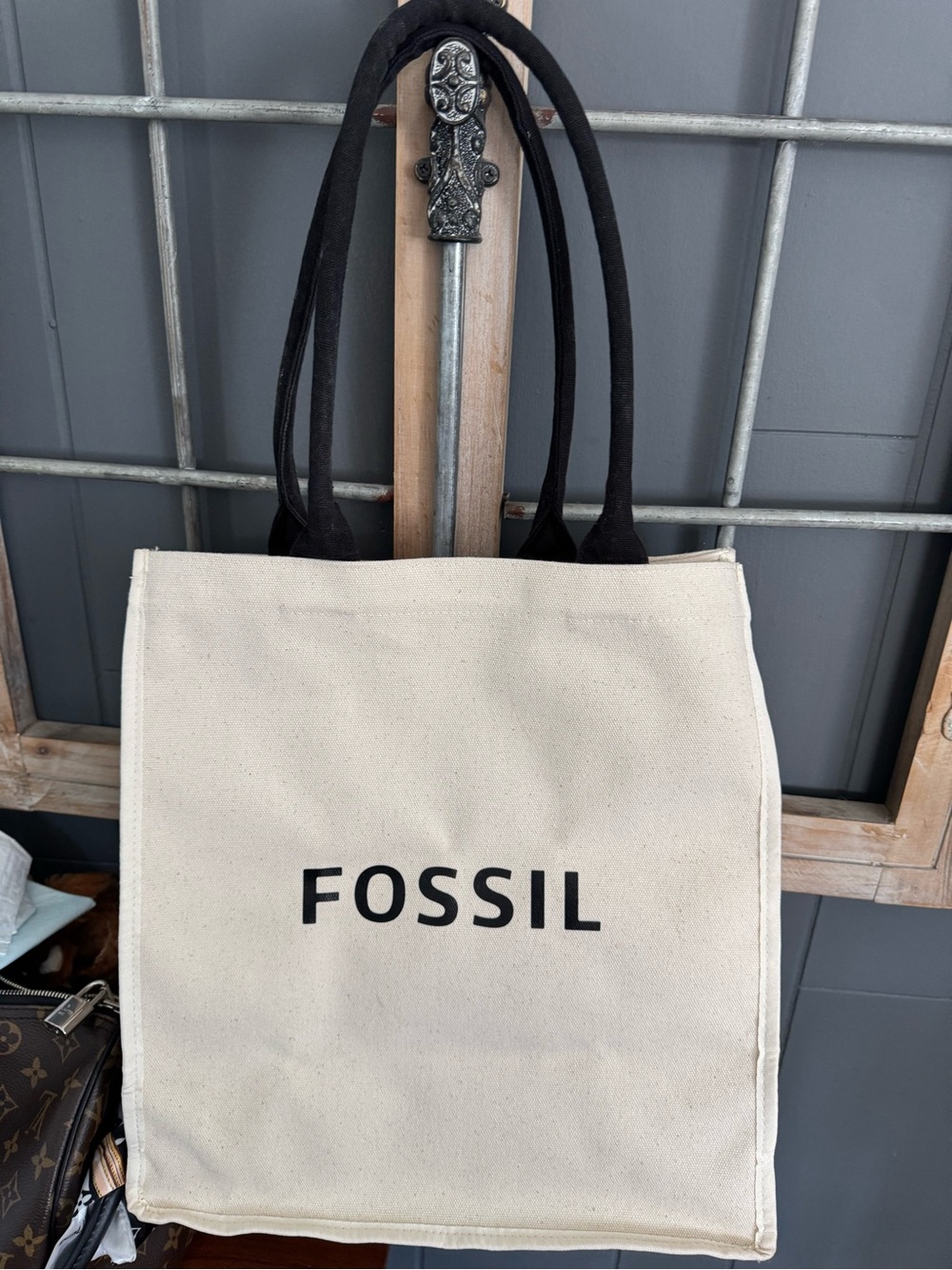 Fossil Cream Canvas Tote with Black Handles